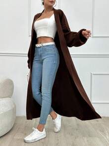 SHEIN Tall Dual Pocket Drop Shoulder Cardigan - Chocolate Brown - View 4