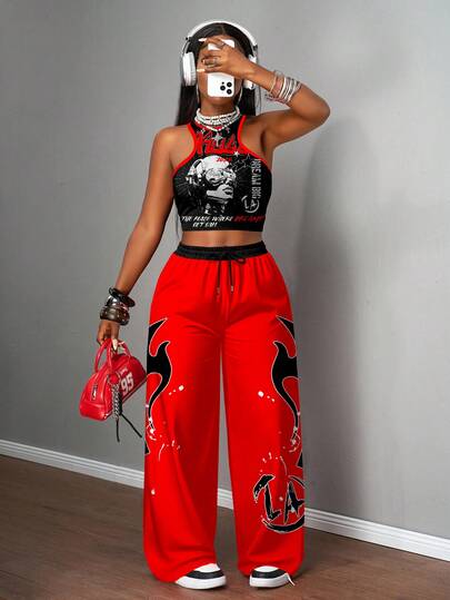 Slaydiva 2pcs/Set Women Casual Street Wear Tight Camisole And Loose Pants Set/Y2k Clothes/Streetwear/Two Pieces Set Women/Back To School/Casual Street/Fit For Hip Hop/Cartoon Character & Flame Print Graphic