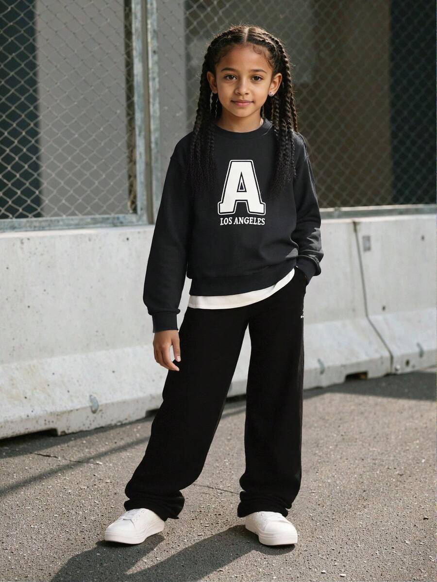 Explorewe 2pcs/Set American Fleece Letter Print Sweatshirt And Wide Leg Pants, American Street Style, Casual, Suitable For Spring, Autumn, Winter Fall - Royal Blue - View 1
