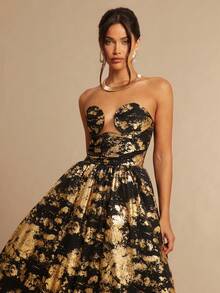 Silquee 秋冬褶皱设计钢圈，黑色和金色印花，适合派对，优雅精致的A字泡泡裙，适合万圣节，露肩连衣裙，高端派对连衣裙 - 黑金色 - 查看 5