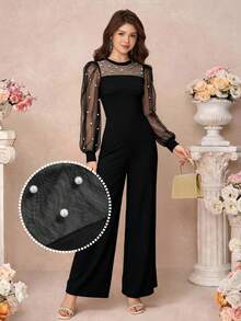 Pitira 少女针织撞色网眼串珠圆领长袖连体裤 - 黑色 - 查看 6