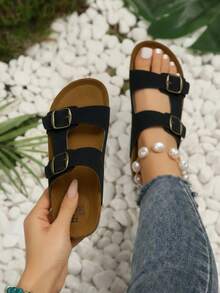Sandalia de mujer casual, punta redonda, doble hebilla, suela de corcho cómoda, estilo minimalista, verano y diario - Negro - Ver 1