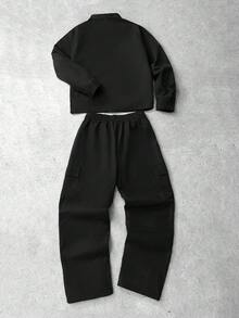 Manfinity Hypemode 男士字母刺绣拉链领衬衫和工装裤套装，秋季服装 - 黑色 - 查看 2