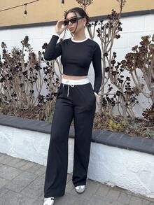Andrea Bello 2pcs Women's Fall Contrast Trim Fitted Long Sleeve Top And Pants Set - Black and White - View 1