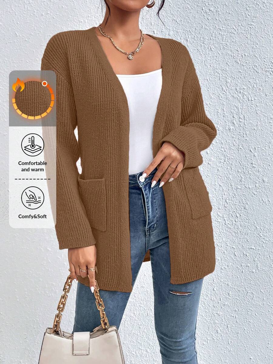 EURMUSE Cardigan de hombros caídos con doble bolsillo - Óxido marrón - Ver 1