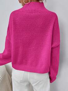 EURMUSE Mock Neck Drop Shoulder Sweater - Hot Pink - View 2