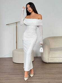 SHEIN PETITE Váy dài tay ôm dáng vải jacquard họa tiết hở vai màu mơ, thích hợp cho những buổi hẹn hò lãng mạn và kỳ nghỉ, váy tốt nghiệp màu trắng - trắng - Xem 7