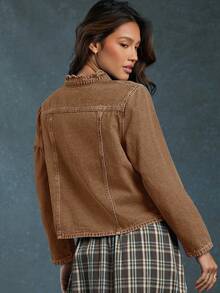 WESTFADE 夏季牛仔扇贝边修身长袖牛仔夹克 - 棕色 - 查看 3