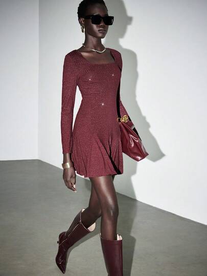 Lumivelle Autumn Party & Casual Metallic Sheen Square Neck Long Sleeve Dress Dark Red Dress Shiny Dress Sparkly Dress