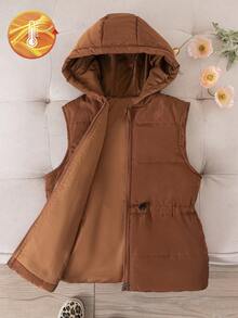 青少年女孩休闲百搭绗缝加厚连帽束腰加厚背心，秋冬 - 棕色 - 查看 3