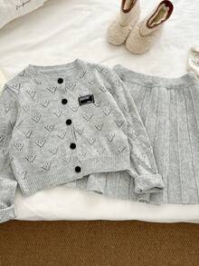 Genkimix Kids Tween Girl Applique Button Front Crew Neck Long Sleeve Top And Pleated Skirt Sweater Set - Grey - View 6