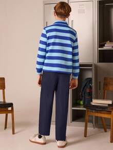 PrepCrw 2pcs Tween Girls Elegant College Style Urban Dog Graphic Colorful Striped Long Sleeve Polo Shirt And Navy Blue Pants Set, Suitable For Outings, Gatherings, Back To School, Autumn And Winter Toddler Boy Outfit Boys Blue Striped Shirt Boys Navy Pants Boys Cruise Outfit Boy Striped Polo Shirt Boy Stripe Outfit Blue Boys Outfit Boys Polo Shirt Outfit Kids Navy Pants  Backtoschool,Fall,Old Money - Multicolor - View 3