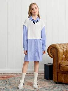 Joliand Joliand 1pc Tween Girls Elegant College Style Casual Blue And White Stripe 2 In 1 Shirt Dress,White Ribbed V-Neck Sweater Vest,Autumn School Back-To-School - Multicolor - View 2