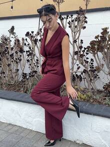 Andrea Bello Conjunto de oficina elegante para ir al trabajo y tomar el té de la tarde, compuesto por una chaqueta blazer sin mangas con cuello y bajo asimétrico, con decoración de hebilla metálica en la cintura, combinada con pantalones de cintura elástica, conjunto de 2 piezas, para primavera/verano