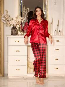 LuxeNights Weihnachts-Pyjama Set mit rotem Herz-Karomuster in Seidenlook für Frauen, Winterkleidung
