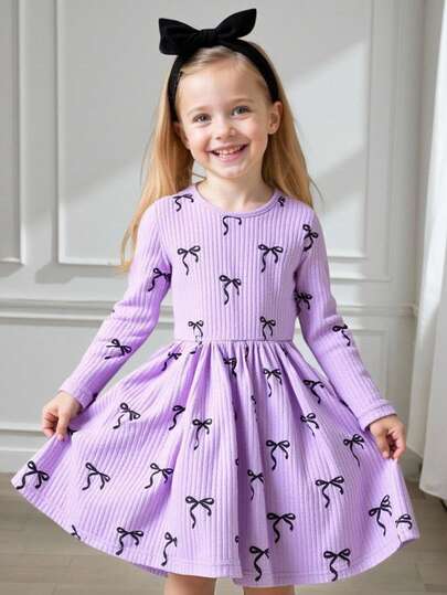 Young Girl Vacation Casual Comfortable Textured Knit Butterfly Print Long Sleeve Round Neck Dress, Suitable For Daily Outings