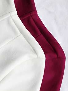 Noixe 2pcs Women Velvet Thin Zip-Up Jacket, White & Burgundy, Casual Street Style, Fitted Long Sleeve, Autumn