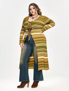 ROMWE Fairycore Vintage Elegant Mori Style Fairy Striped Long Knitted Drawstring Cardigan, Cottagecore Plus Size Mori Style Long Knitted Sweater Cardigan/Winter - Green - View 4