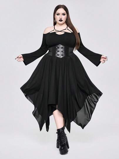 Plus Size Gothic Elegant Asymmetrical Hem Criss-Cross Strap Spaghetti Strap Black Dress, Autumn/Winter Gothic Elegant Dark Daily Banquet Dinner Long Black Dress, Elegant Daily Women Long Dress