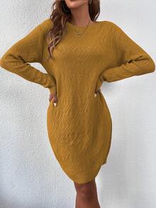SHEIN LUNE Women's Casual Drop Shoulder Knit Sweater Dress, Autumn/Winter - Yellow - View 3