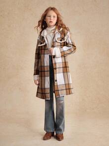 女童休闲舒适简约日常百搭保暖连帽夹克，带口袋和纽扣，秋冬 - 棕色 - 查看 3