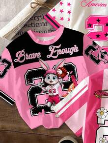 3pcs/Set Young Girl Casual Short Sleeve Round Neck T-Shirt,Animal Rabbit,Floral,Number 23,Stripe Pattern,Pink,Black,White,Summer,School,Back To School - Multicolor - View 4