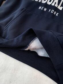 Tween Girls Navy Blue Thermal Lined Thick Letter Print Hoodie Sweatshirt, Casual School Style, Autumn/Winter