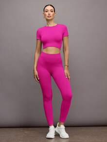 Activina Conjunto deportivo para mujer de manga raglán sólido y sin costuras, con alto nivel de estiramiento - Rosa Fucsia - Ver 4