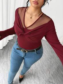 SHEIN Elenzya Áo thun tay dài cổ chữ V thanh lịch, chất liệu lưới xoắn cỡ lớn dành cho nữ - Màu Đỏ Sâu - Xem 7