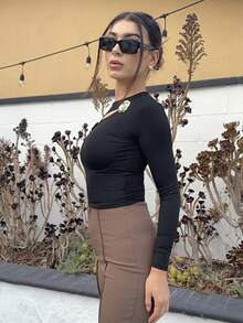 Andrea Bello Elegant Sophisticated Fashion Hollow Rose Metal Ornament Black Tight Long Sleeve T-Shirt For Women, Fall - Black - View 3