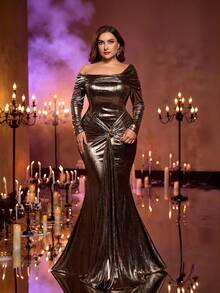 Glamrae Vestido de noche formal maxi elegante y lujoso con hombros descubiertos, volantes, asimétrico, decoración metálica 3D y cola de pez, de tela elástica dorada y estilo romántico francés, talla grande