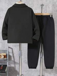 SHEIN Tween Boy Casual Everyday Commute Simple Solid Color Flap Detail Jacket And Drawstring Sweatpants Set, Spring/Autumn