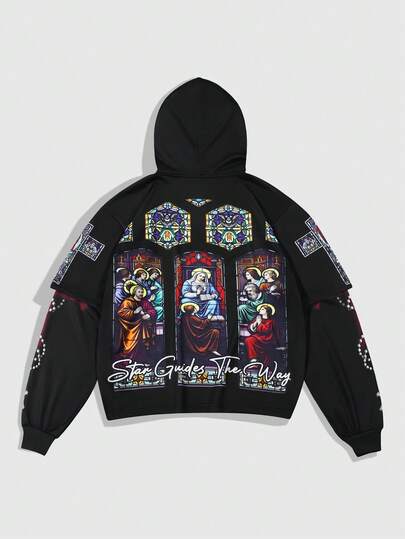 Street Life Men's Casual Fashionable Street Hoodie With Cross & Virgin Mary Letter Print, Spring/Autumn