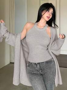 DAZY 2 件套女士优雅纯色吊带背心开衫套装，秋季 - 淺灰色 - 查看 3