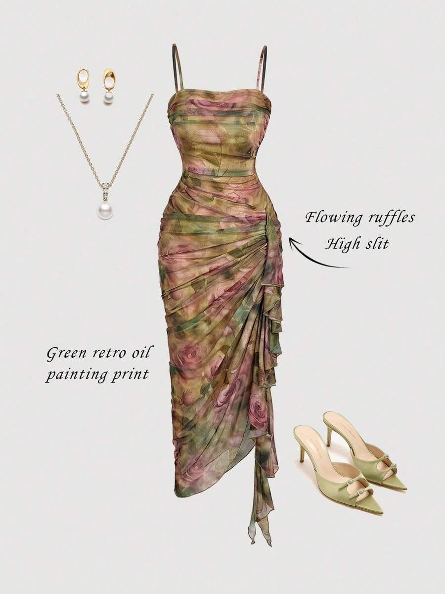 SHEIN MOD 女士浪漫印花荷叶边不对称下摆连衣裙，女士长裙，秋季连衣裙，吊带裙，女工装，绿色连衣裙，女士生日礼服，女士派对礼服，仙女风，外出礼服，秋季婚礼宾客礼服，晚礼服 - 彩色 - 查看 1
