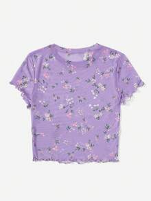 GalTyme Plus Size Women's Summer Vacation Mesh Sheer Purple Floral Pattern Ruffle Hem Fitted Short Sleeve T-Shirt - Multicolor - View 5