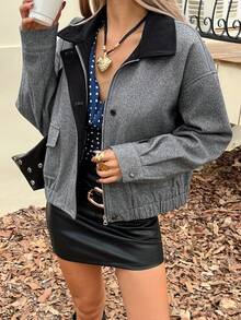 DAZY 女式落肩长袖宽松拉链拼布领百搭夹克 - 灰色 - 查看 4