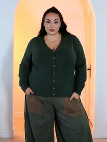 Pretty and Ole Women Plus Size Casual All-Match Solid Color Cardigan, Versatile, Winter Fall - Army Green - View 1