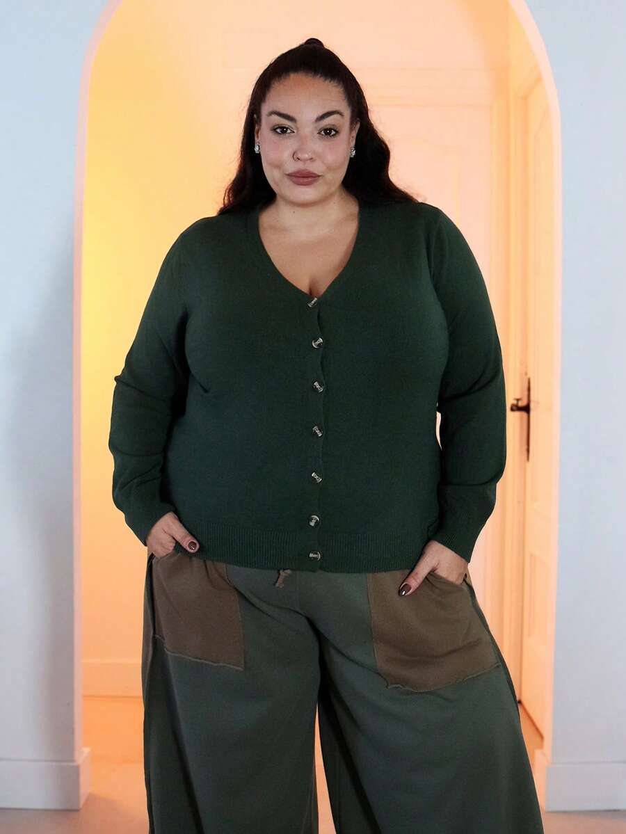 Pretty and Ole Women Plus Size Casual All-Match Solid Color Cardigan, Versatile, Winter Fall - Army Green - View 1
