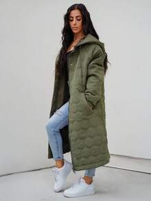 SAYEHFBABY 休闲时尚菱形图案连帽女式长款加厚棉衣，冬季外套秋季女装 - 軍綠色 - 查看 6