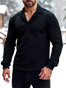 Manfinity VCAY Men Casual Solid Color Commuter Polo Shirt, Suitable For Daily Wear, Online Black Knitted Business Casual Tops, Fall - Black - View 7