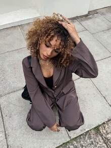 StreetHx 2pcs Women Streetwear Old Money Solid Color Blazer Jacket And 3/4 Shorts Set, Autumn - Mocha Brown - View 5