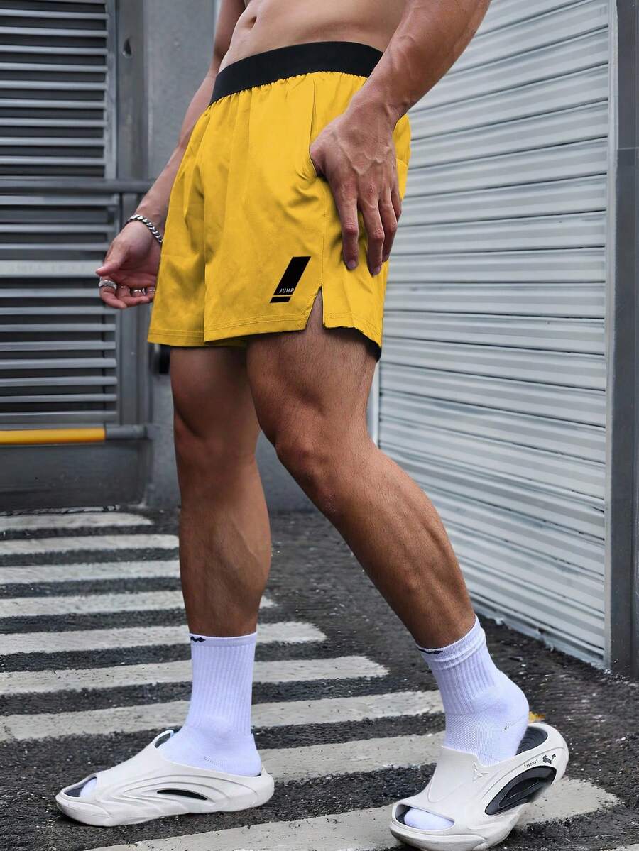 Gym Rark Men's Casual Contrast Color Waistband Sports Shorts, Lightweight, Gym - Yellow - View 1