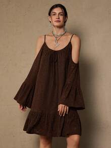 SHEIN VCAY 大码纯色细肩带镂空休闲长袖连衣裙 - 咖啡棕 - 查看 3