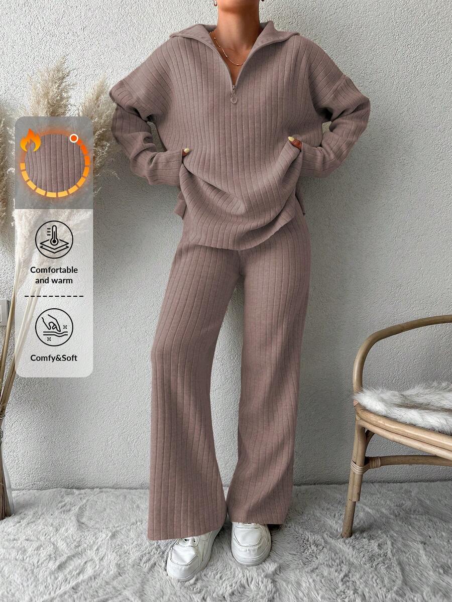 EURMUSE Drop Shoulder Zipper Half Open Knitted Cardigan And Knitted Pants Two-Piece Set - Dusty Pink - View 1