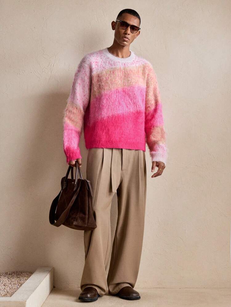 Men's Casual Colorblock Pattern Loose Fit Pullover Sweater, Autumn/Winter,Wool Men's Sweater Men Pink Sweater Men Knit Sweater Mcrae Men's Clothing Pink Men's Pink Knit Cherry Blossom