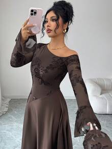 Modelyn 女式秋季棕色性感不对称肩部网眼刺绣长袖高腰A字连衣裙 - 棕色 - 查看 4