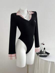 Elamini Women's Fitted Cinched Waist Patchwork Collar Plaid Pattern Button Cuff Long Sleeve Blouse, Versatile Office Wear, Y2K Bodysuit Preppy Tops European Style Clothes Grunge Clothes For Women