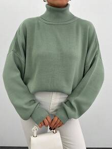 EURMUSE Women High Neck Dropped Shoulder Long Sleeve Casual Loose Knit Sweater, Autumn/Winter - Mint Green - View 5