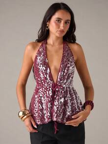 SHEIN BAE Sexy Backless Sequin Halter Neck Top, Suitable For Nightclub, Party, Date Night, Elegant Women's Autumn/Winter Tops, Y2K Sparkling Christmas Party Women Top, Holiday Party Top, Thanksgiving/Sexy, Club - Burgundy - View 4